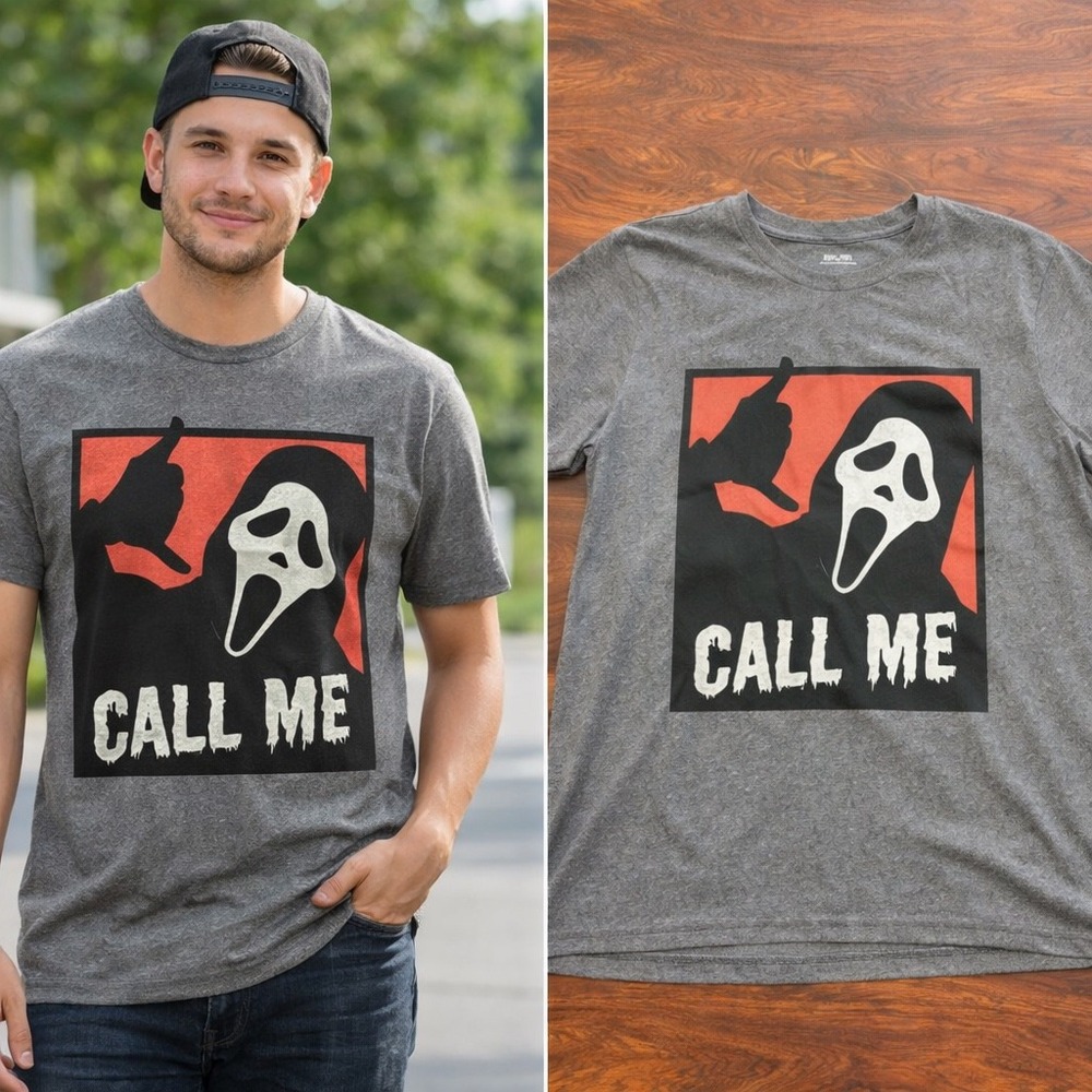 Ghost Face Graphic Tee Mens‎ Medium Grey New Scream Call Me Horror Movie Shirt